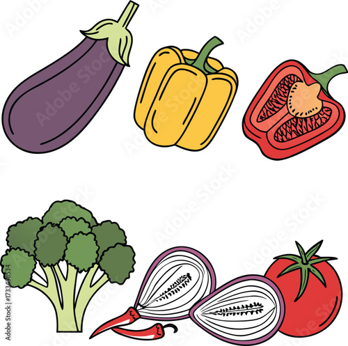 Colorful Vegetable Medley Featuring Eggplant Peppers Broccoli Onions Tomato and Chili Peppers Illustration