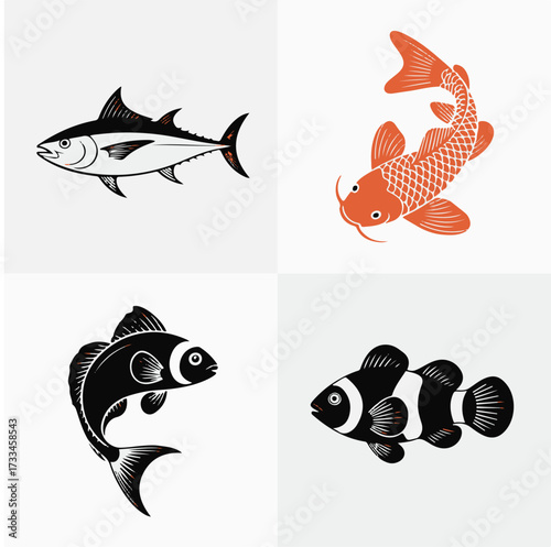 Four distinct fish illustrations in a grid format on a white background Keywords: fish, illustration, graphic, design, vector, tuna, koi, carp