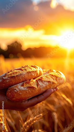 Hand Holding Three Golden Brown Baguettes at Sunset Over a Wheat Field with Warm Glowing Sunlight and Silhouette of Trees
