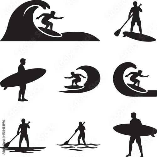 Surfing Silhouettes: Set of vector silhouettes depicting the exhilarating sport of surfing, with surfers gliding gracefully over rolling waves or paddling out to catch the next set