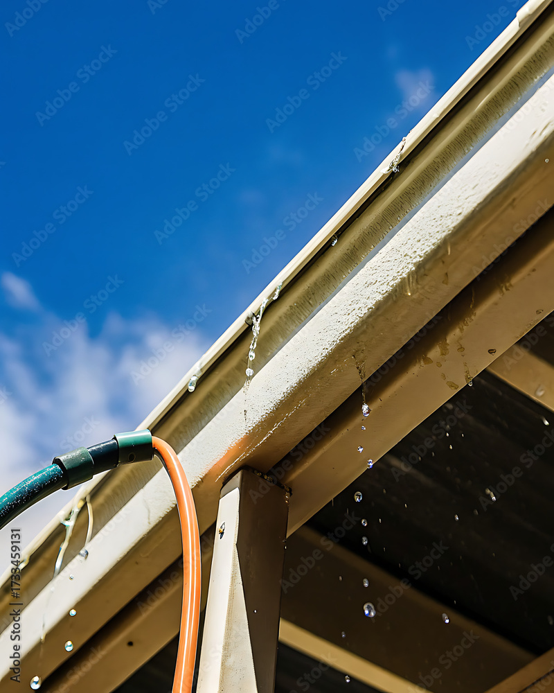 Naklejka premium Garden hose connected under roof with water flowing from pipe 