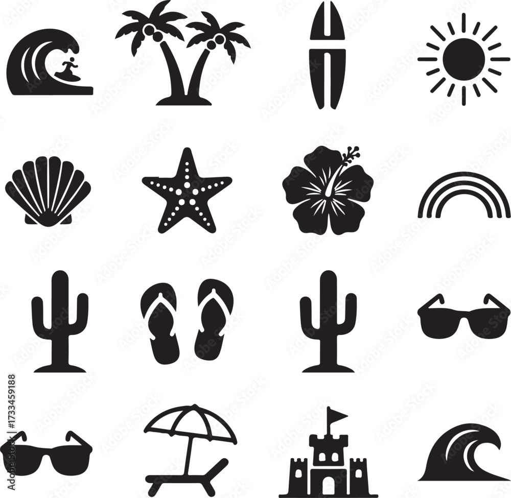 Naklejka premium Sunshine Symbols of Summer: An array of iconic summer symbols, including sun, surf, palm tree, seashell, starfish, sunglasses, and sandcastle, create a cheerful atmosphere.