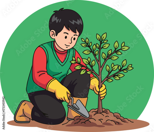 Cartoon person planting tree, green vest, red shirt, yellow gloves, environmental care, nature activity, gardening theme, sustainability, vector illustration