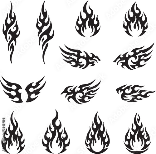 Fiery Elements: An assortment of meticulously designed fire-themed graphic resources, showcasing a range of stylized flame patterns.