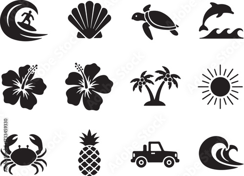 Tropical Icon Set: A collection of iconic vector illustrations representing the essence of the tropics and vacation, capturing the beauty and spirit of a seaside paradise.