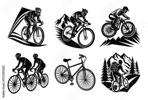 Cyclists ride bikes in silhouette, an icon set of people on road bicycles for sport and transport design
