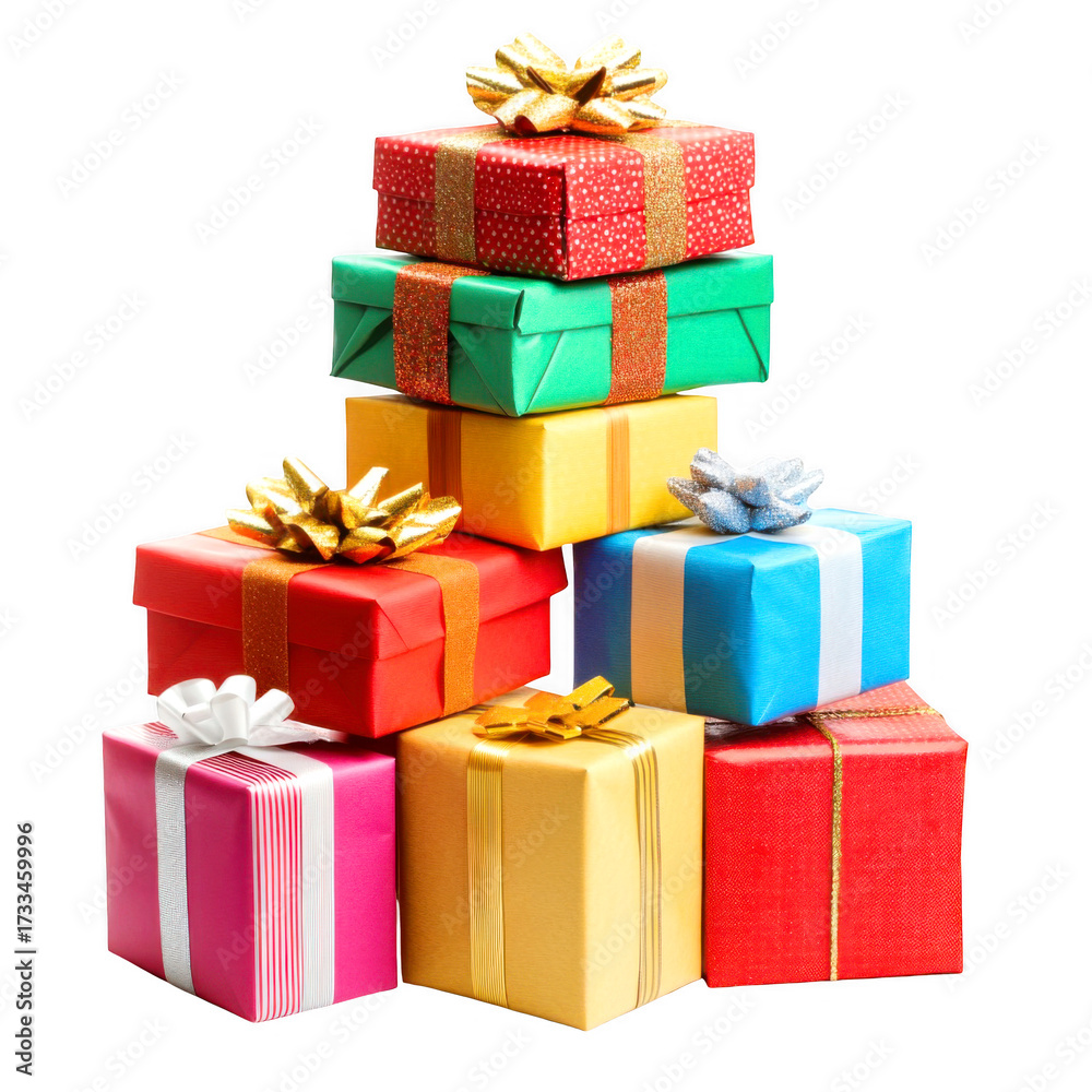 Fototapeta premium Stack of brightly wrapped gift boxes with bows sits high on transparent background