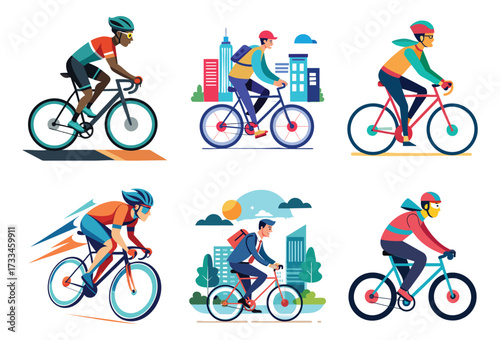 Cyclists ride bikes in silhouette, an icon set of people on road bicycles for sport and transport design