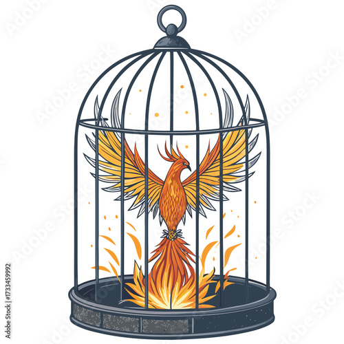 A phoenix with fiery wings trapped inside a dark cage.