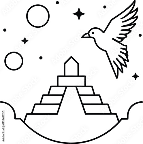 mayan eagle flying above cosmic temples illustration on transparent background