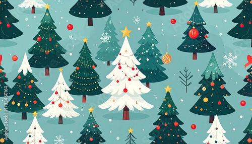 Festive Christmas Tree Pattern with Decorations and Snowflakes on Teal Background