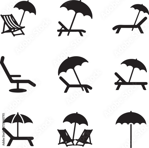 Beach Umbrella and Lounge Chair Icons: A series of black and white silhouette icons depict various beach umbrella and lounge chair, perfect for conveying leisure, vacation, and relaxation concepts. 