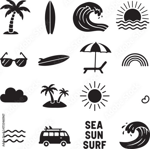 Summer Holiday Icons: An array of icons evokes the feeling of warm summer days, with thematic designs to inspire the feeling of the bright side of life and the enjoyment of vacation.