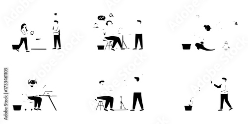 AI technology concept set in flat web design. People in isolated scenes using artificial intelligence chatbot, virtual assistant helping, image generation, smart data analysis. Vector illustrations.