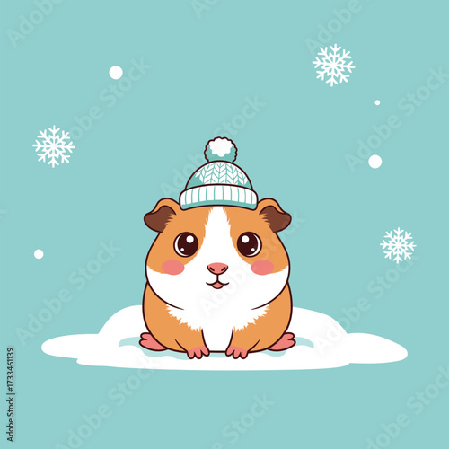 Cute cartoon guinea pig wearing a winter hat in the snow.
