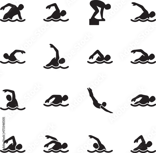 Swimming Stroke Icons: A collection of stylized swimming icons, capturing various stroke techniques and diving moments for aquatic activities.