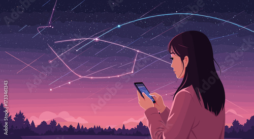 Young woman looking at smartphone while stargazing in twilight sky  