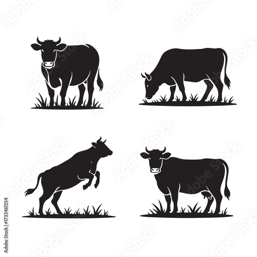 Four Black Silhouette Cows and Bulls in Grass Isolated cattle