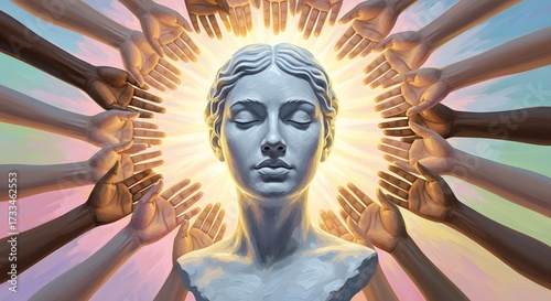 Statue hands light spiritual healing hope support care diverse unity connection peace harmony love help