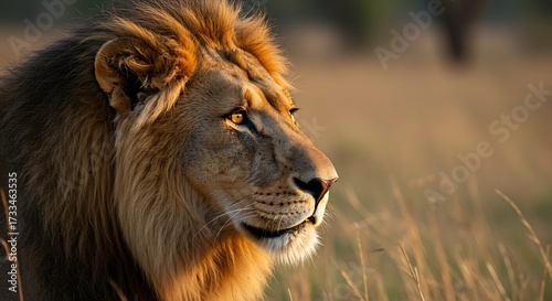 Majestic lion portrait in natural habitat with warm sunlight illuminating fur