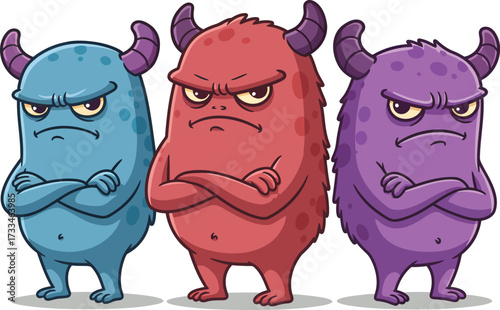 Three Angry Monsters Crossed Arms Standing Together