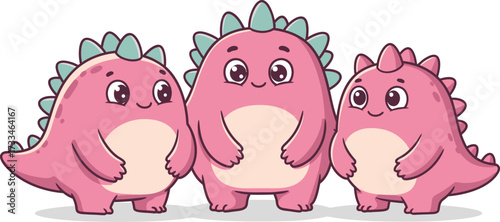 Three cute pink dinosaurs standing together