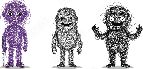 Three Scribbled Monsters on White Background