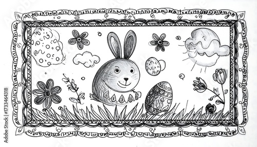 A whimsical black and white illustration featuring an Easter bunny surrounded by eggs, flowers, and clouds, within an ornate frame