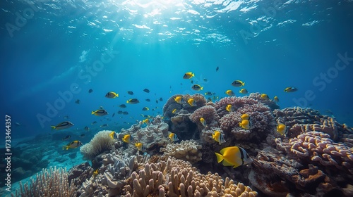 Wallpaper Mural Colorful reef scene with blue tangs, yellowtail damselfish, and tropical fish amid coral, captured in realistic wide-angle detail. Torontodigital.ca