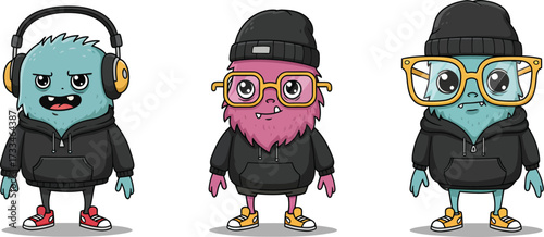 Three cartoon monsters in stylish outfits