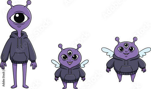 Cute Purple Alien Characters in Hoodies