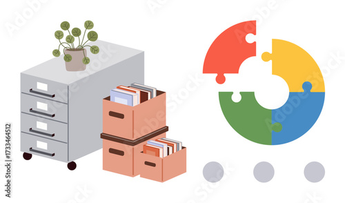 Filing cabinet with a plant, stacked book boxes, colorful puzzle graphic, and dots. Ideal for organization, collaboration, productivity, teamwork, learning education and simplicity as a flat