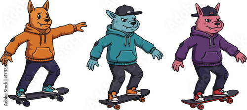 Three anthropomorphic cartoon animals skateboarding