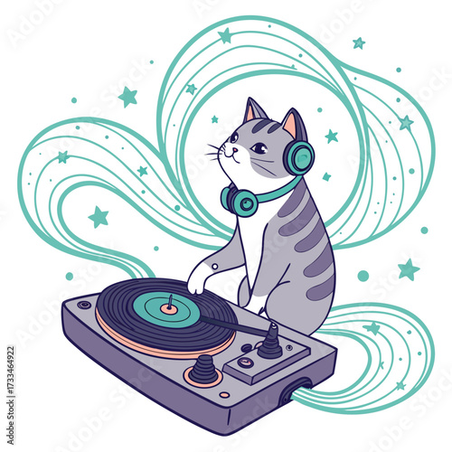 A cute cartoon cat wearing headphones DJs at a record player with starry swirls.