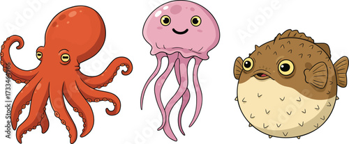 Cute Cartoon Sea Creatures Octopus Jellyfish Pufferfish