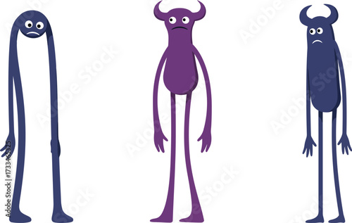 Three Funny Monsters with Different Expressions and Heights