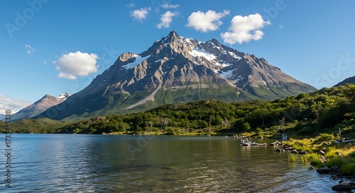 Majestic mountain landscape with lake and blue sky under sunlight