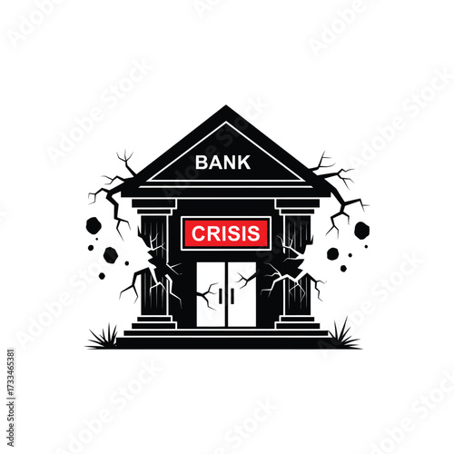 Bank building with cracks, symbolizing financial crisis, economic recession, or banking failure, in a vector illustration