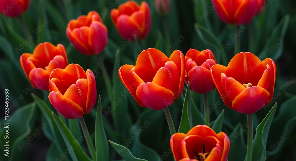 Fototapeta premium Vibrant red and orange tulips blooming in a garden setting