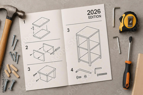 Furniture assembly instruction manual dated 2026 edition home improvement flatlay concrete floor texture DIY renovation concept