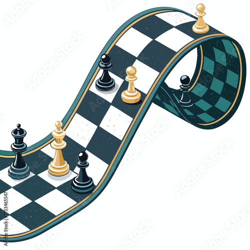 Chess pieces on a warped checkered board with a white background.