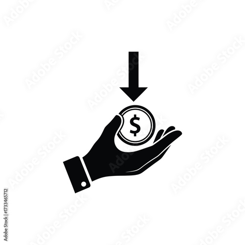 The hand receiving a dollar coin icon symbolizes income, investment, and financial gain in a simple vector design