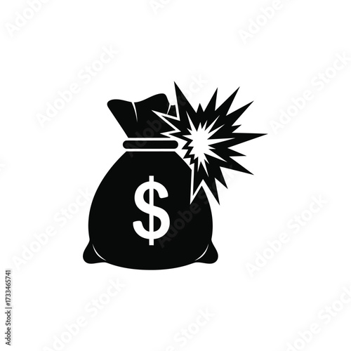 The exploding money bag icon symbolizes financial crisis, bankruptcy, or sudden loss of wealth in vector format