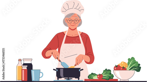 An elderly woman in a chef's hat and apron cooks a meal in a kitchen, surrounded by fresh vegetables and condiments.