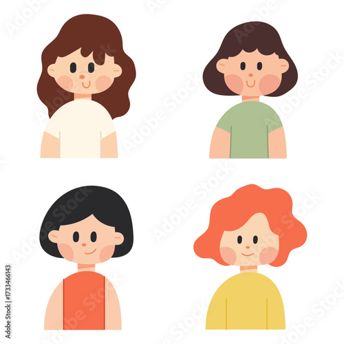 Collection of cute flat vector cartoon girls in various poses and styles. Perfect for stickers, avatars, social media, doodle design, and playful women concept.