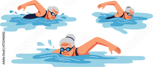 Three senior women are depicted swimming in a pool, showcasing active and healthy lifestyles, enjoying water sports and leisure activities.