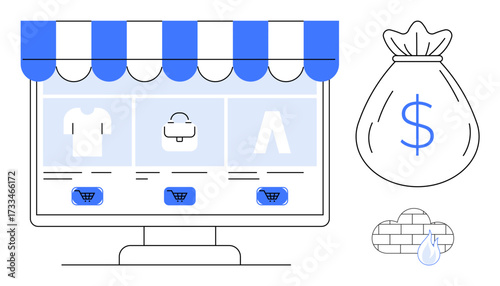 Desktop storefront with products and shopping carts, symbolic money bag, and cloud storage. Ideal for e-commerce, online retail, digital payment, financial growth, tech innovation, virtual store