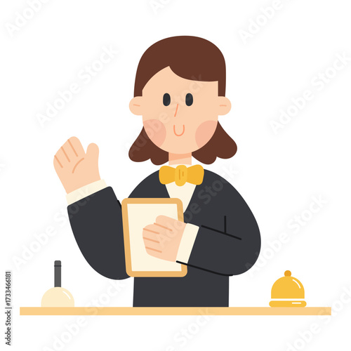 Cartoon Female Receptionist, Customer Service, Assistant. Flat vector illustration of a friendly cartoon female receptionist at a front desk.