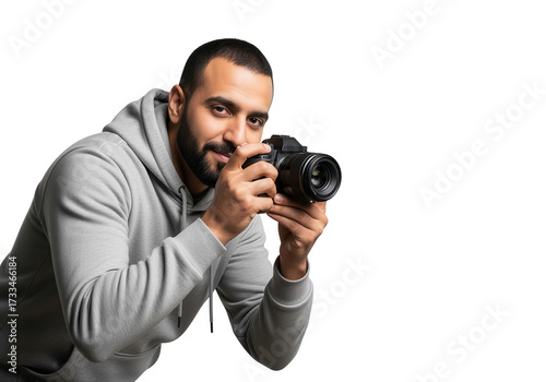 Young Photographer with DSLR Camera on White Background