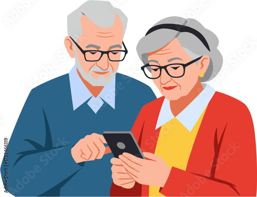 An elderly couple, wearing glasses, looks at a smartphone screen, sharing information, and staying connected with technology.